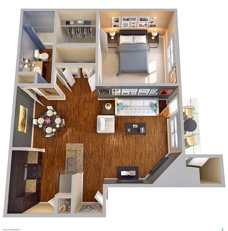 Floor plan for 1 bed, 1 bath, 674 sqft